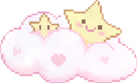 light pink pixel cloud with pink hearts and two stars with smiley faces